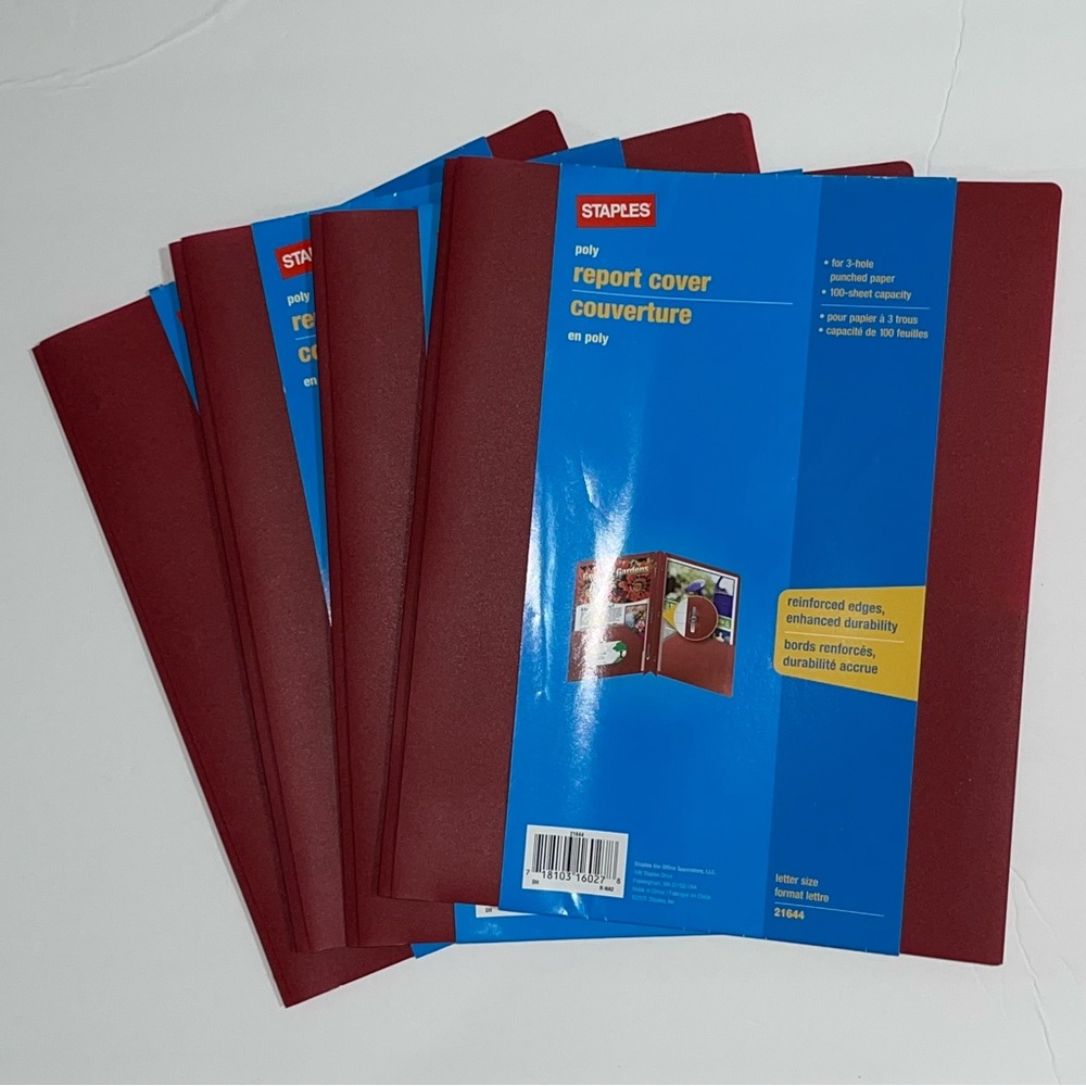 Staples Set of 4 Red Poly 3 Hole Report Covers, Letter Size, 21644